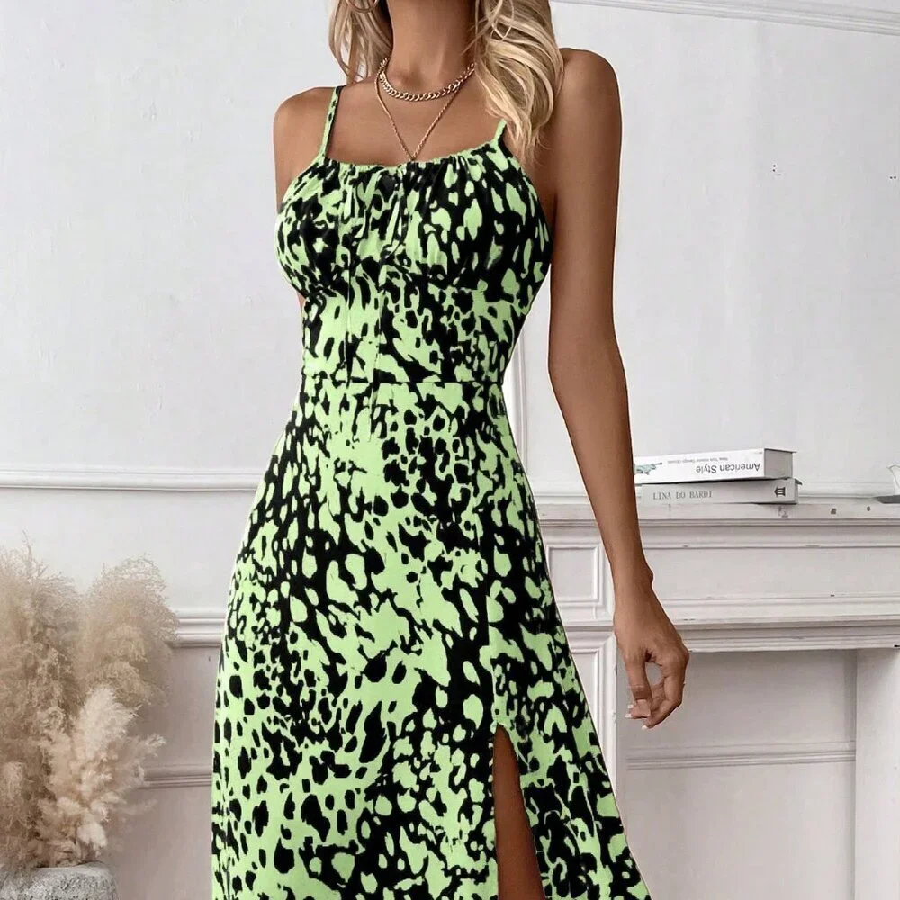 Multicolor Casual Women's High Slit Waist-Cinched Allover Print Cami Dress